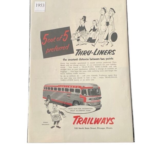 Vintage 1953 Trailways Thru-Liners Ad Advertisement - Picture 1 of 4